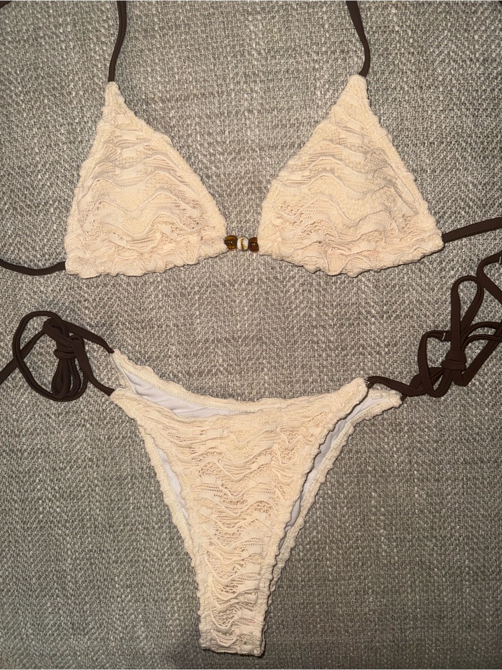 Cream Lace Triangle Bikini with Brown Tie Details